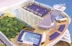 Oasis of the Seas - Royal Caribbean International - náhled na horní palubu, kde je umělá surfařská vlna a basketbalové hřiště